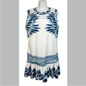 Agua de Coco Floral Mini Dress Ruffle Sleeveless resort Vacation White Blue L